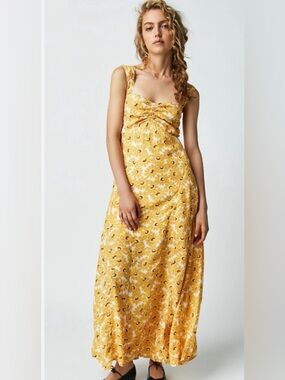 🆕🌻Free People Yellow Floral Midi Dress